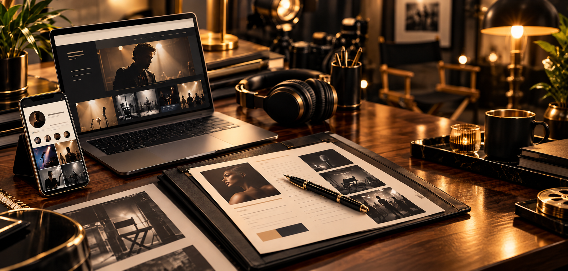 Luxury creative workspace with a digital portfolio, professional materials, camera, and headphones