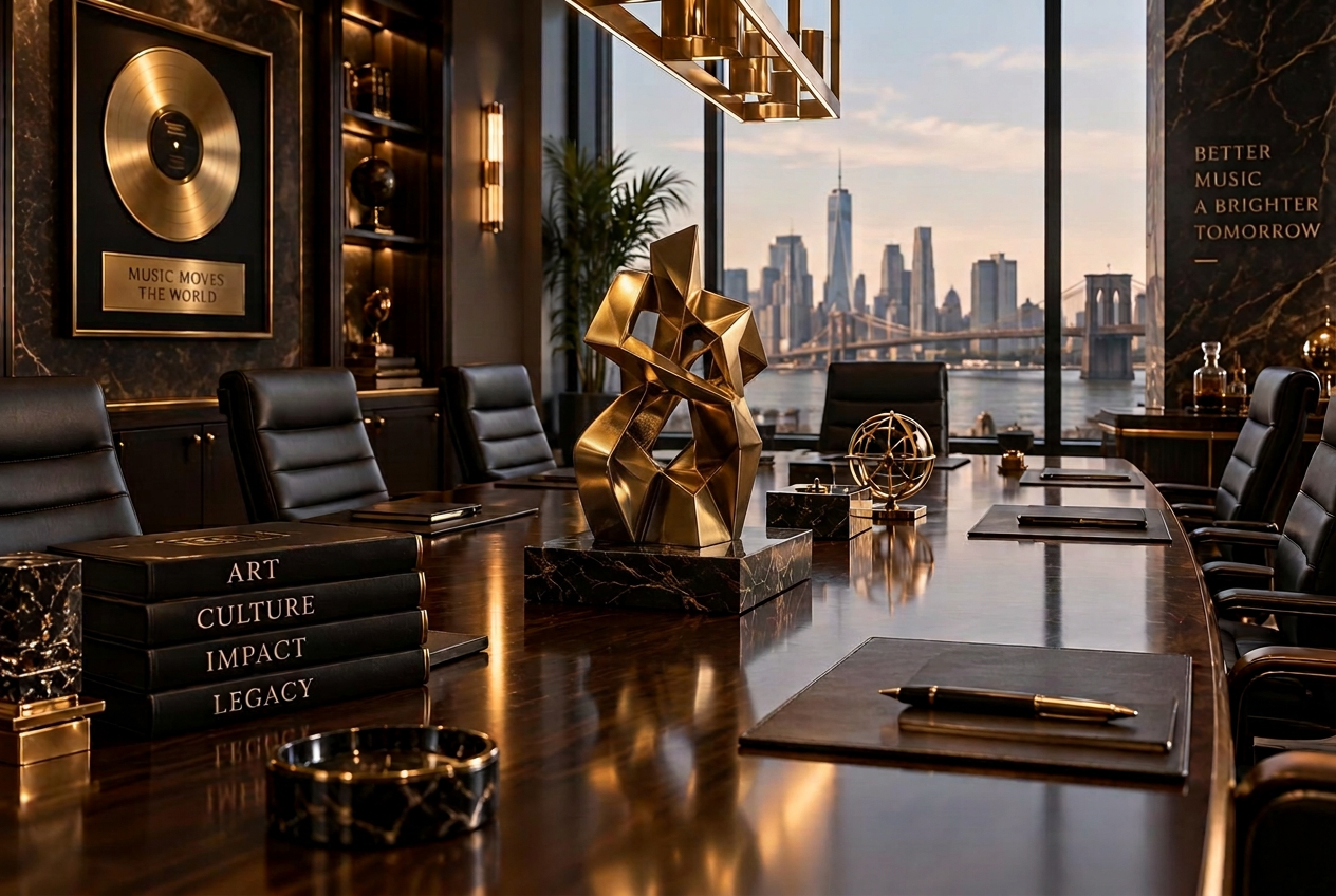 Luxurious executive boardroom with a large conference table in soft natural light